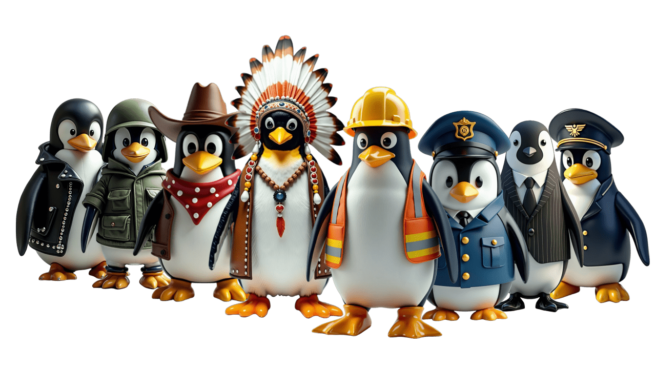 Linux penguins dressed up like the Village People in the YMCA music video.