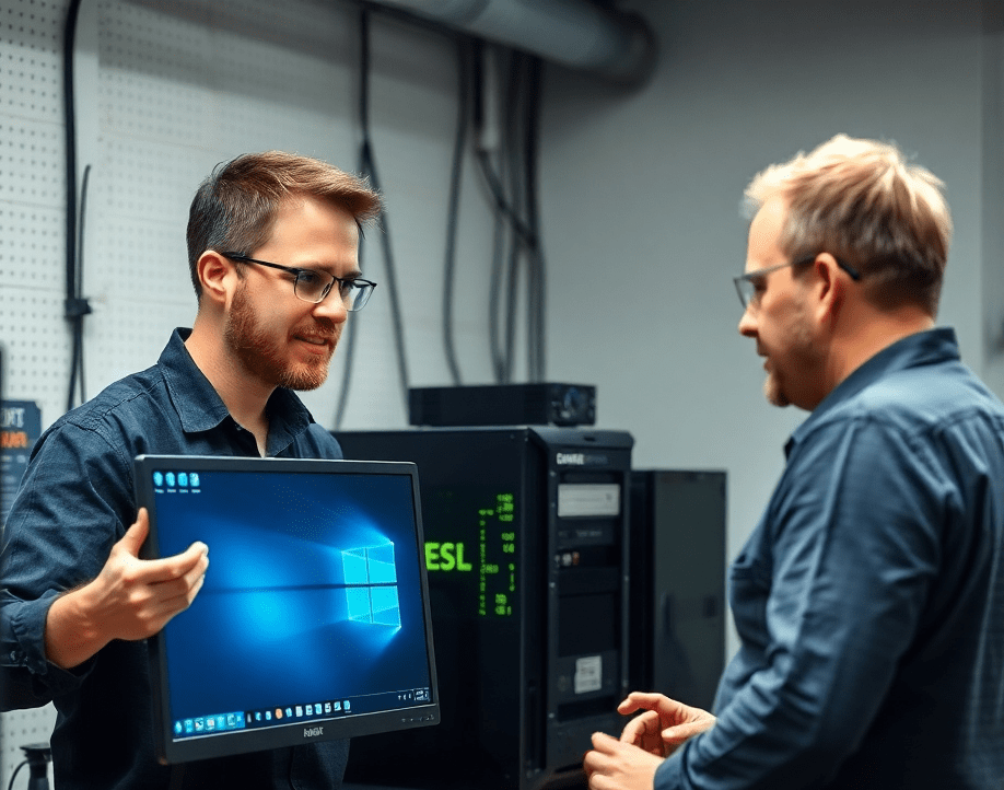 Two men at a counter with a computer between them.