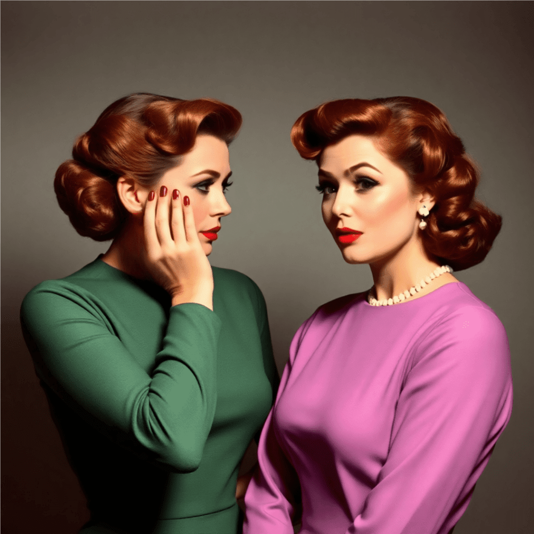 Two woman standing together, one turned towards the other while the other faces forward in disbelief.