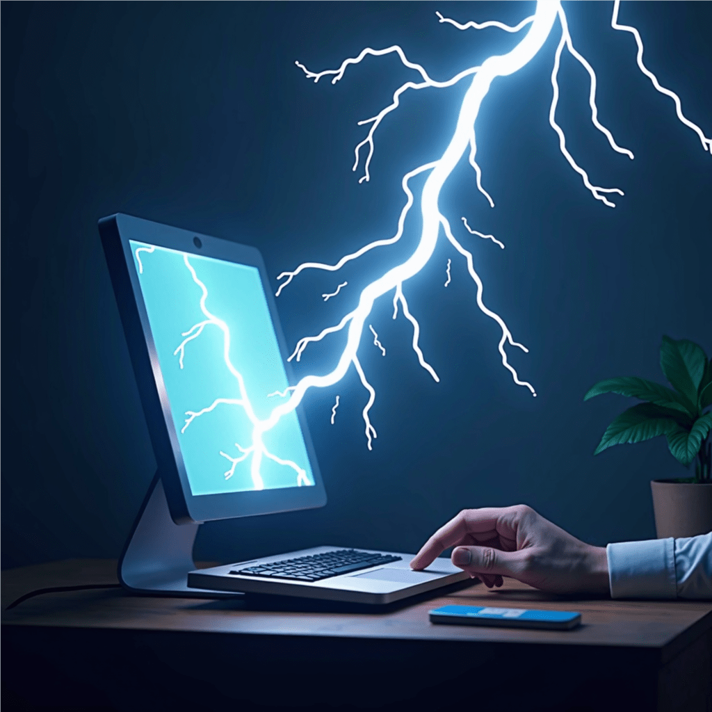 A sleek looking computer system being struck by lighting while a user has his finger on the keyboard touch pad.