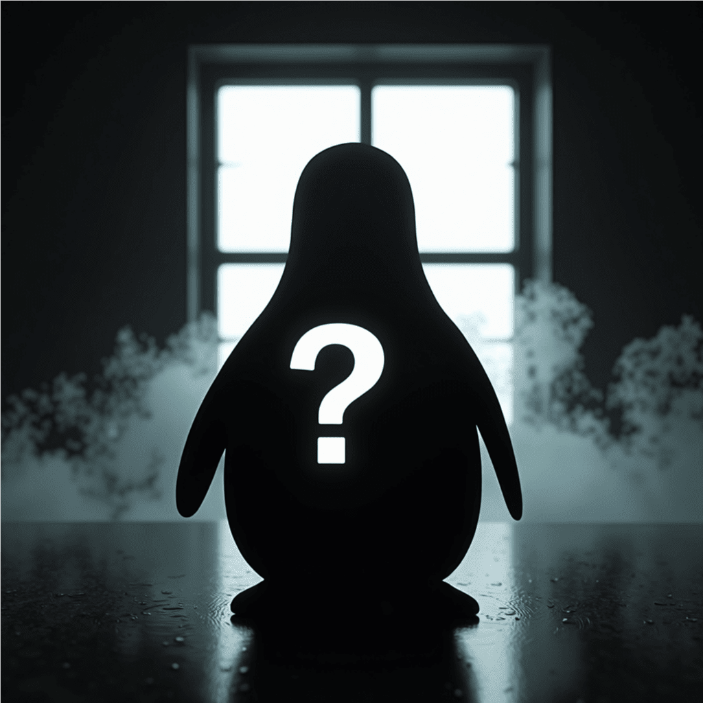 A black silhouette of a penguin with a white question mark in front and a bright light emanating behind from a window.