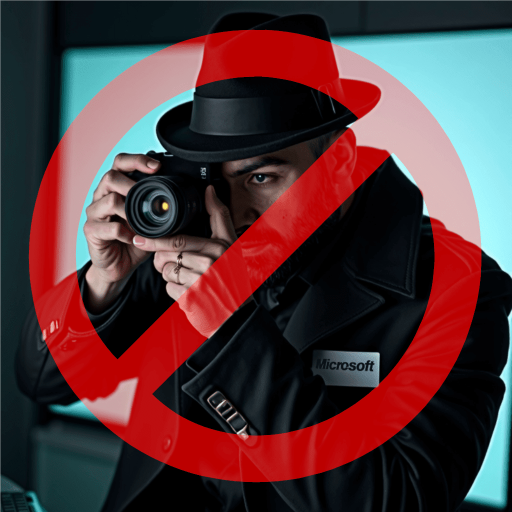 A man wearing a 'Microsoft' name tag, dark hat, and trench coat holding a camera taking pictures.