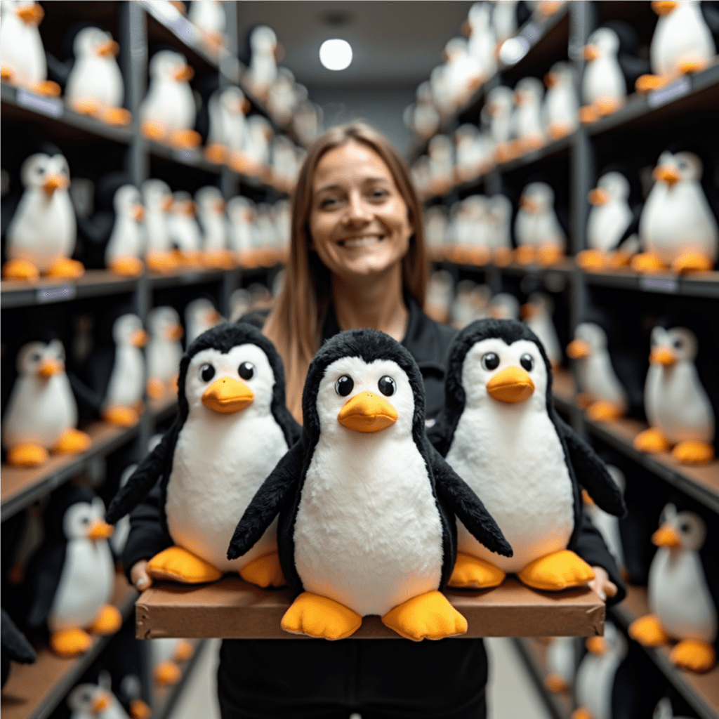 A lady in a warehouse with shelves full of stuffed toy penguins on either side holding a tray with three stuffed toy penguins.