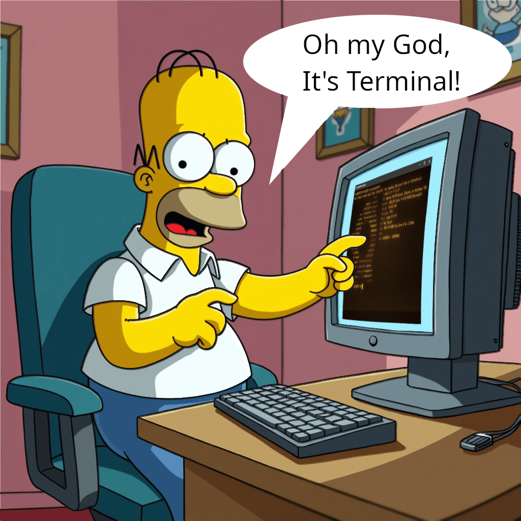 Homer pointing to a terminal window.