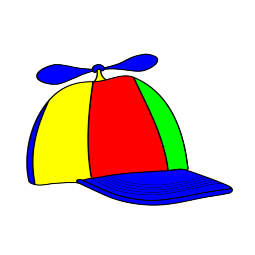 A vibrant, multi-coloured propeller beanie hat with distinct panels of bright yellow, saturated red, and emerald green, complemented by a deep blue brim. On top of the cap sits a small, two-bladed blue plastic propeller.